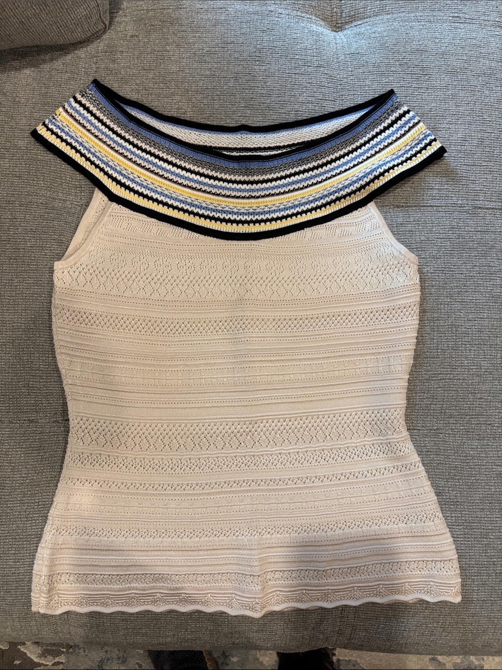 NWT White House Black Mkt Ecru Stripe Pointelle Off Shoulder Sweater Top XS